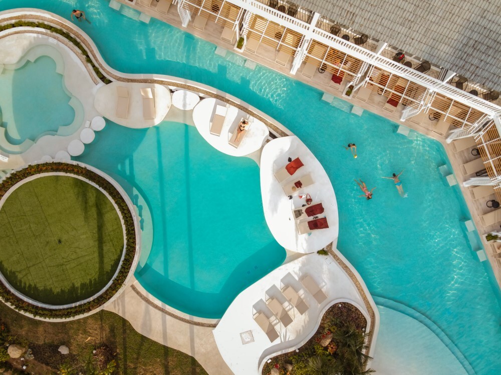 Aerial of the pool at Thavorn Palm Beach, a MICE hotel in Phuket